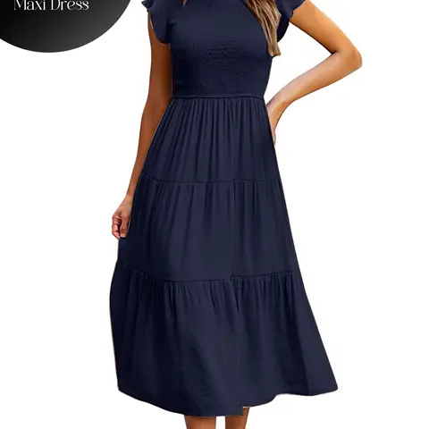 HEEKPEK Women's Smocked Cap-Sleeve Minimalist Ruffled Tiered Flowy Midi Dress - 2026 Summer Beach Party Wear, Comfortable, Elegant, Stylish, Easy to Move, Wedding Guest Chic, Beach Party Dresses
