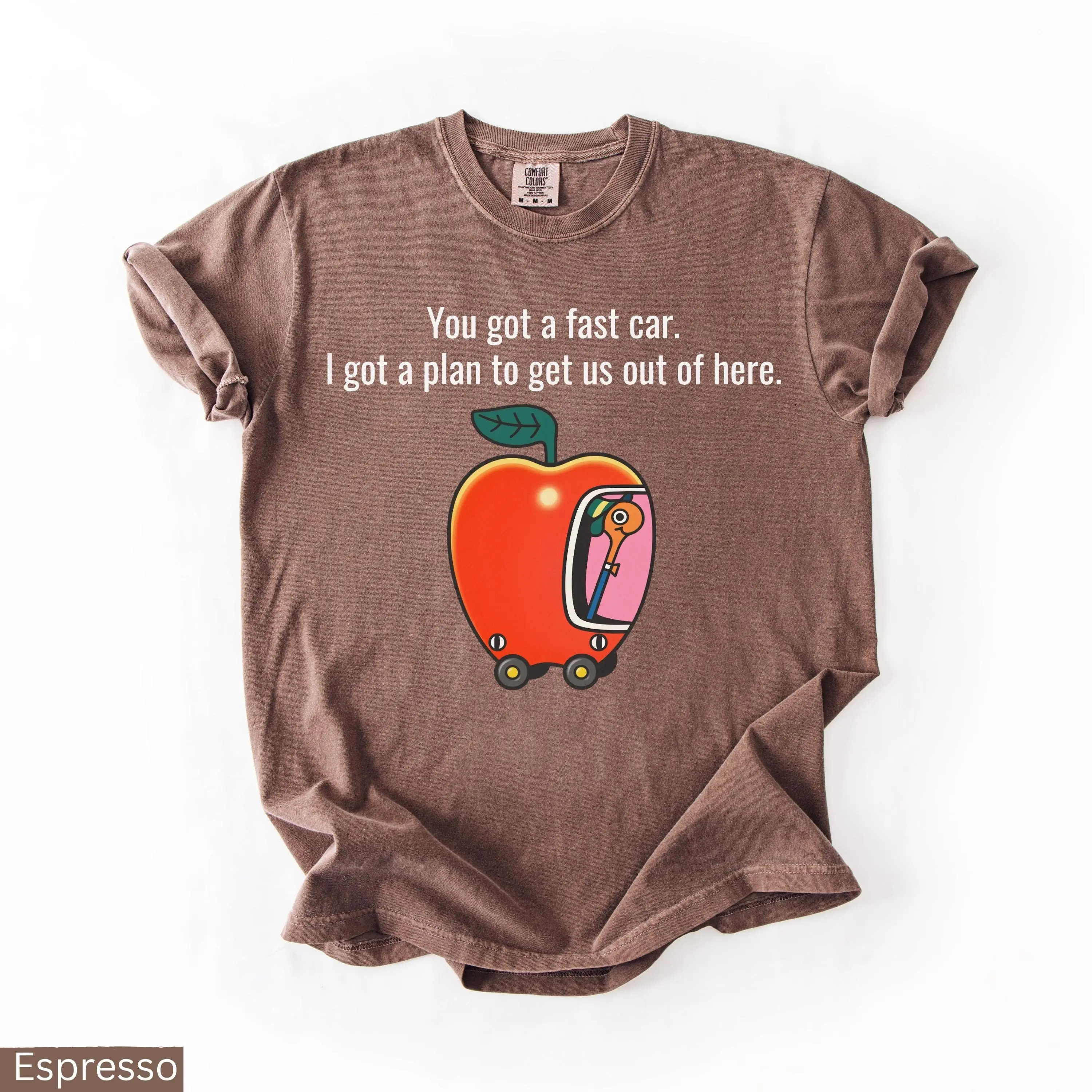 Comfort Colors Fast Car T-Shirt, Apple Car Driving Design, Tracy Chapman Quote Tee, Whimsical Escape Shirt, Richard Scarry
