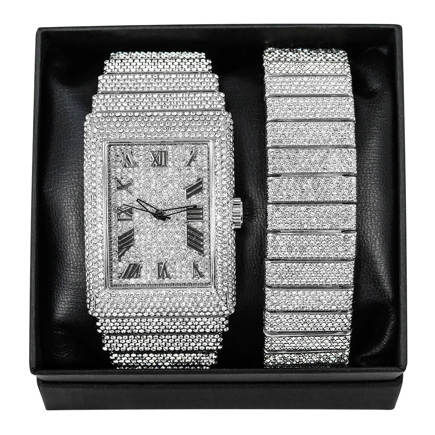 MaxBling81 Men's Iced Out Watch and Bracelet Set - Silver Plated Analog with Full Lab Diamonds, Diamond Face, Quartz Movement