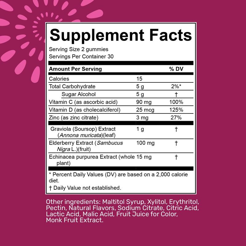 Soursop Nutrition Cell + Immunity Gummies Sugar Free Vitamin C Echinacea Elderberry Daily Wellness Support for Immune Function and Healthy Aging Dietary Supplement