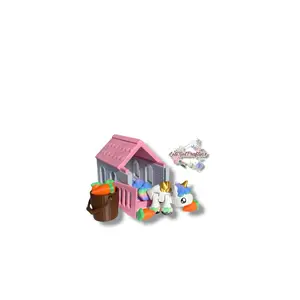 Miniature Unicorn Pony & Stable Set 3D Printed Articulating Figurines with Rainbow Mane and Pink Roof