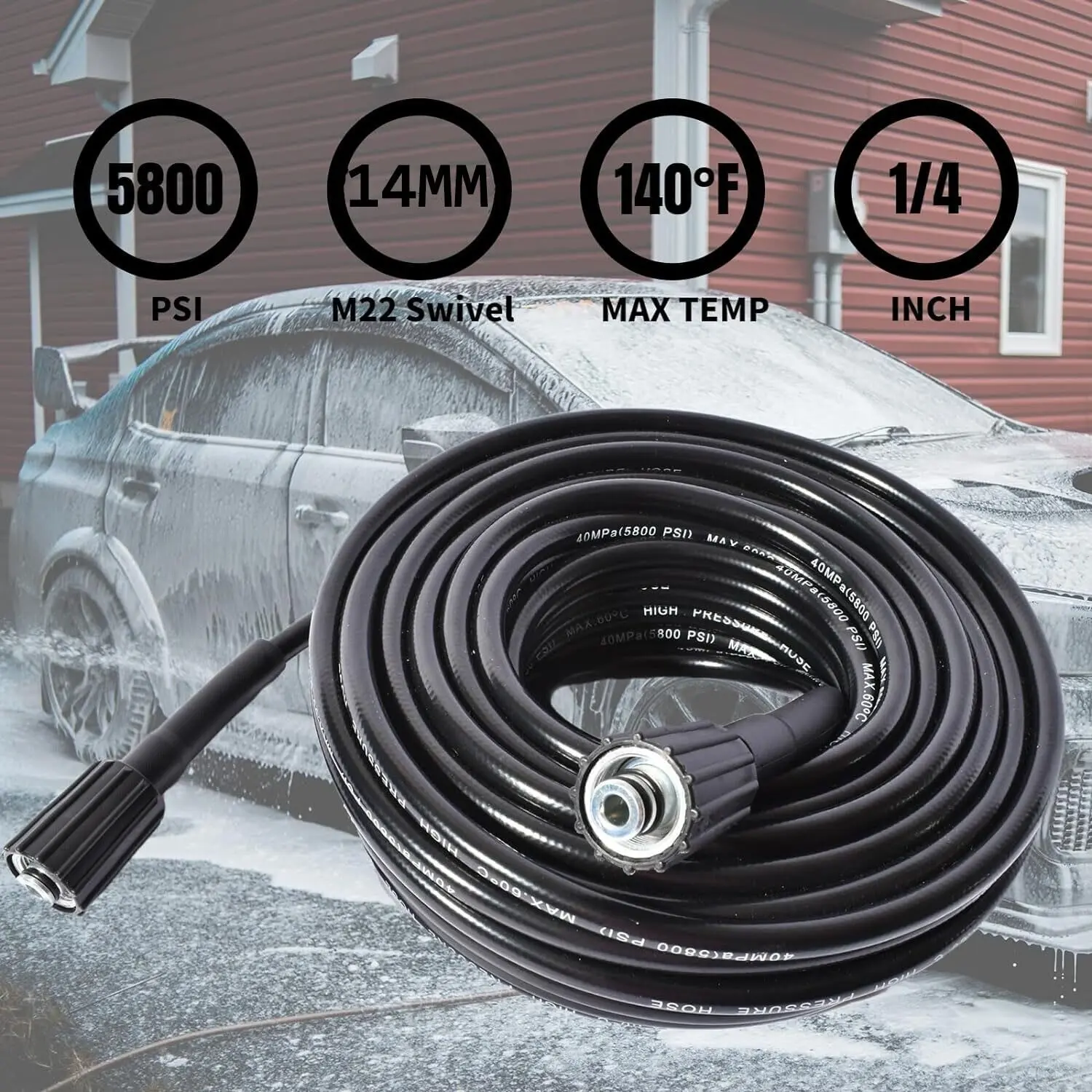 High-Pressure Washer Hose, 1-Piece 5800 PSI Kink-Free Durable Industrial Heavy-Duty Rubber Hose, 50ft, 22mm Inner Thread, Multi-Brand Compatible for Home & Commercial Cleaning