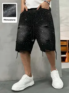 Men's Rhinestone Shorts, Ripped Sparkle Drawstring Shorts, Y2K Street Style, Comfortable Fit for Daily Use, Unique Street Fashion