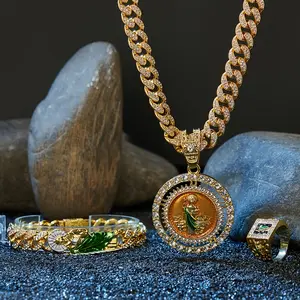 2pcs or 4pcs Set MS Saint Jude Rotatable Cuban Chain Hip-Hop Style Golden-Tone Heavy-Duty Interlocking Link Necklace with Medallion Pendant - Gift for Men, Boys, Sports Events, Valentine's Day, Mardi Gras - Year-Round Wear, Durable Everyday Jewelry, Neck