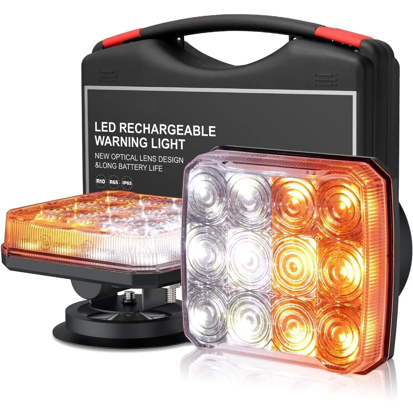 2 PCS Rechargeable Emergency Flashing Lights, Magnetic 12 LEDs Amber Strobe Beacon Warning Light 12V/24V Trailer Lights Kit for Towing Vehicle Tractor Truck, Amber and White