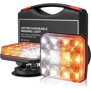 2 PCS Rechargeable Emergency Flashing Lights, Magnetic 12 LEDs Amber Strobe Beacon Warning Light 12V/24V Trailer Lights Kit for Towing Vehicle Tractor Truck, Amber and White
