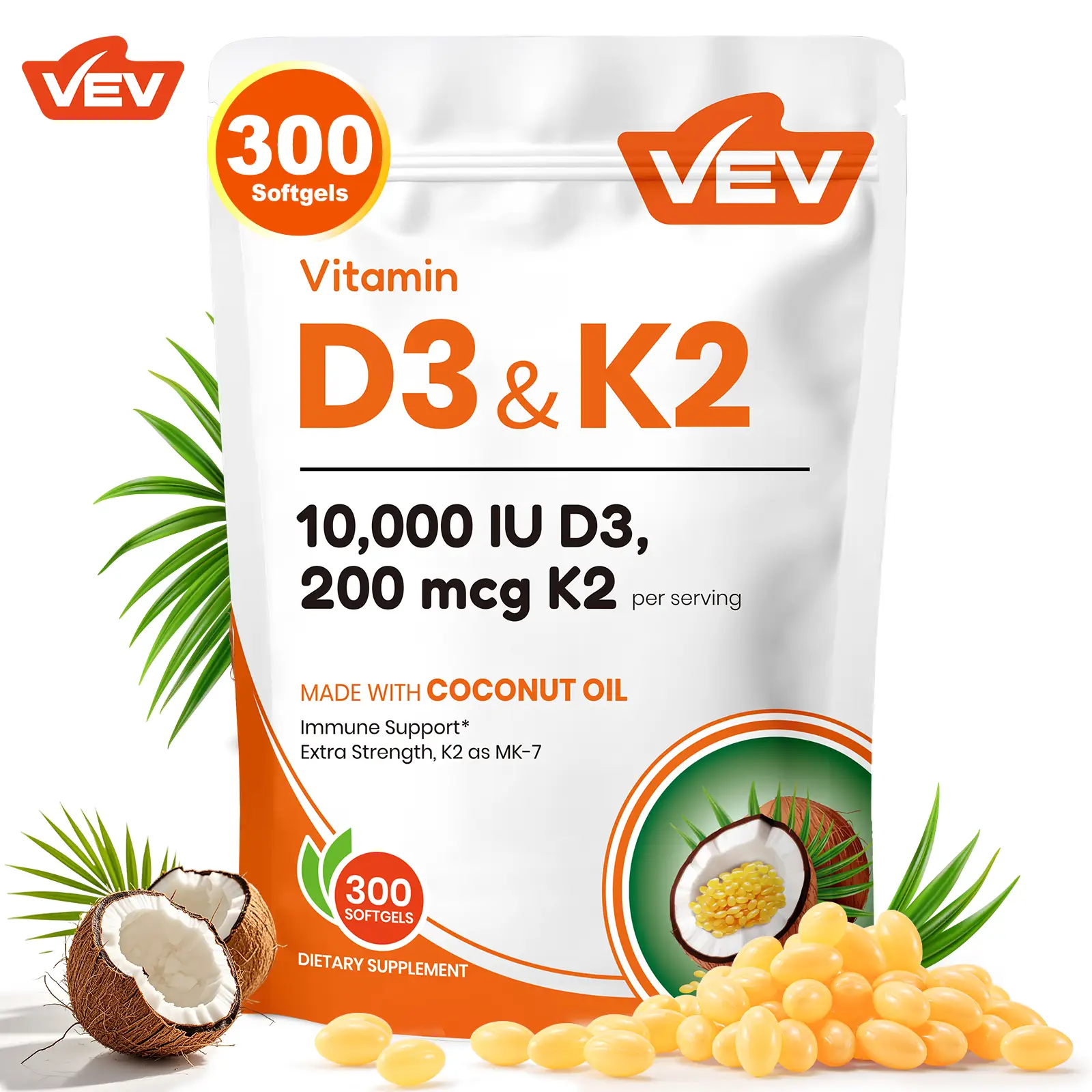 VEV Vitamin D3 K2 10000 IU, 2 in 1 Vitamins Supplement D & K, Virgin Coconut Oil, 300 Softgels