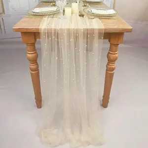 EHLDekol Pearl Table Cloth Elegant Polyester Table Runner with Artificial Pearl Accents Extra Long 10ft 60 x 120 Inches Pearl Tulle Table Runner for Wedding (60inch Width, Champagne, 1 Piece)