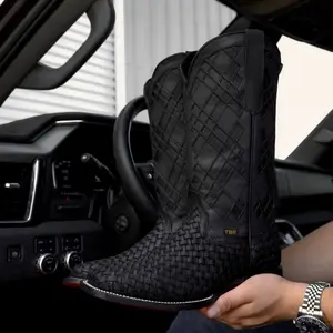 Men’s Black Basketweave Leather Boots - Square Toe