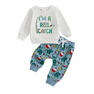 FOCUSNORM Baby Boy Tracksuit Long Sleeve Crew Neck Letters Print Sweatshirt Pullover with Elastic Waist Fish Lure Print Pants Sets 2Pcs Toddler Boys Clothes