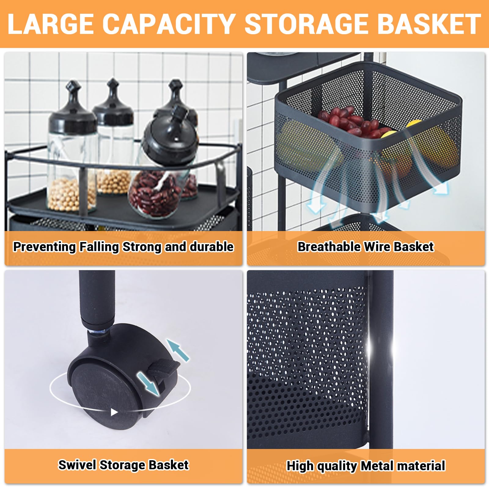 5/6 Tier Rotating Metal Mesh Storage Cart, Rolling Kitchen Organizer with Lockable Wheels, Space-Saving Multi-Tier Shelf for Pantry Bathroom Living Room