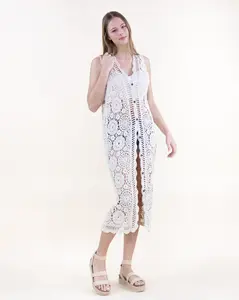 Cotton Bohemian Doily Crochet Button Front Long Vest – Women’s Open-Knit Sleeveless Duster Cover-Up