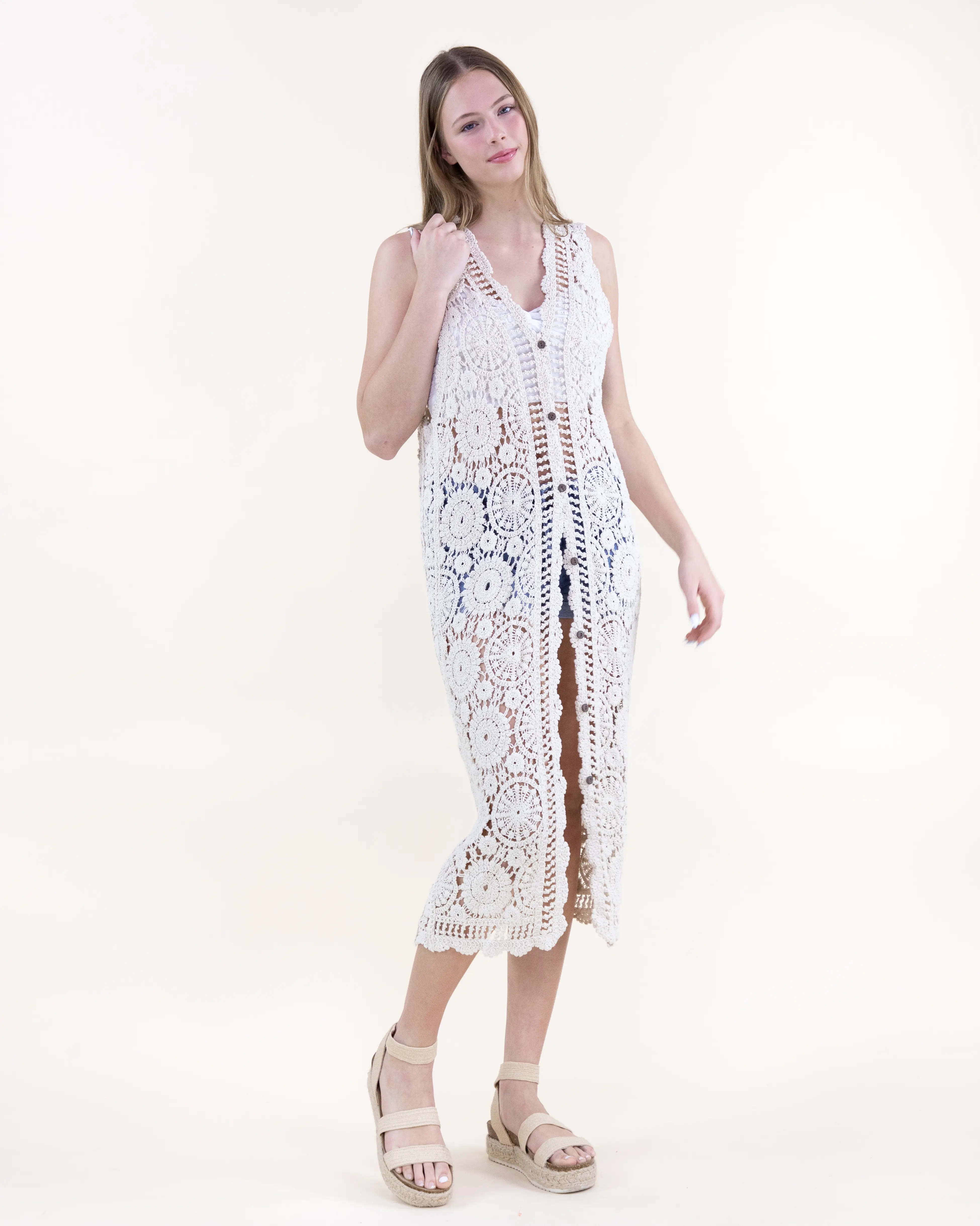 Cotton Bohemian Doily Crochet Button Front Long Vest – Women’s Open-Knit Sleeveless Duster Cover-Up