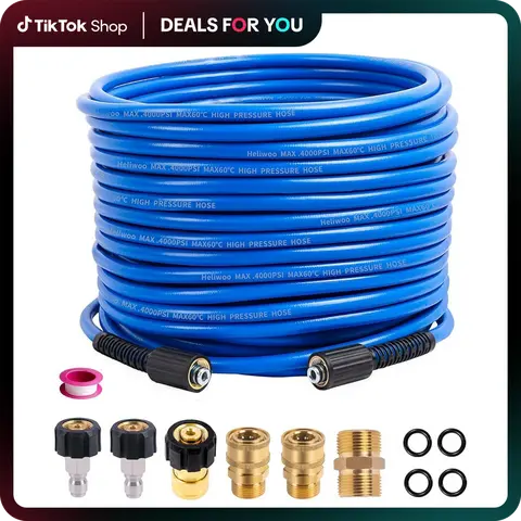 Heliwoo 50FT x 1/4 inch High-Power Pressure Washer Hose Complete Kit with Hose Reel, 4000 PSI Max, Kink-Free, Abrasion-Resistant, M22 14/15mm Thread, Quick Connect Adapters, Flexible Extension, Adjustable Nozzles for Cleaning Cars, Driveways