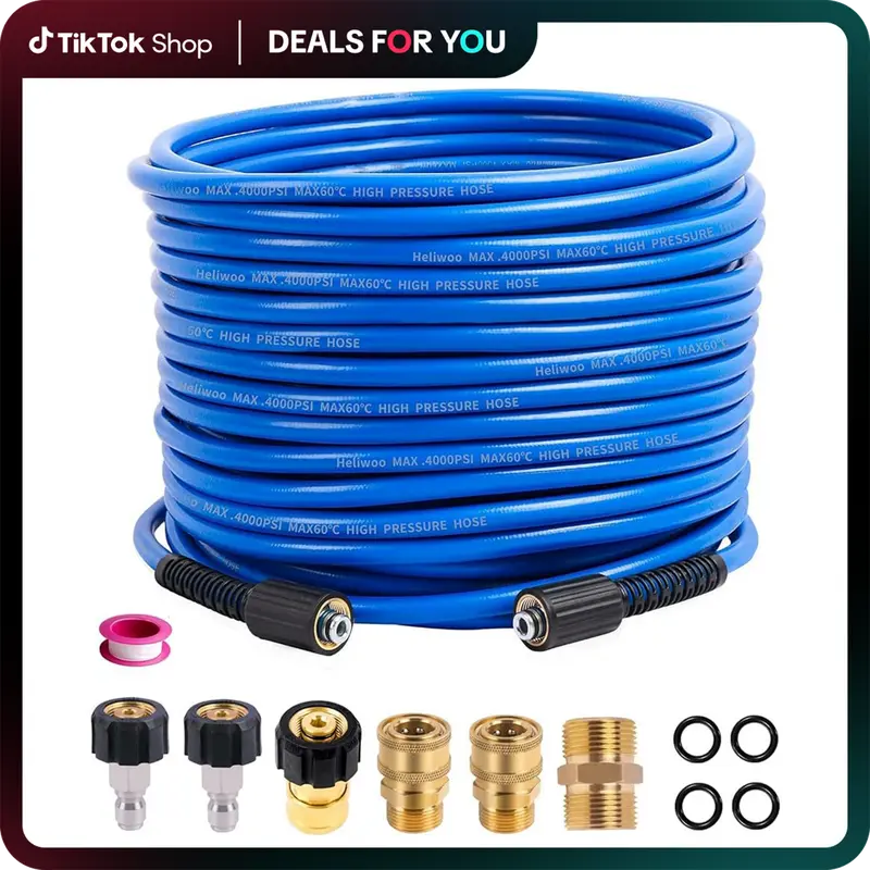 Heliwoo 50FT x 1/4 inch High-Power Pressure Washer Hose Complete Kit with Hose Reel, 4000 PSI Max, Kink-Free, Abrasion-Resistant, M22 14/15mm Thread, Quick Connect Adapters, Flexible Extension, Adjustable Nozzles for Cleaning Cars, Driveways
