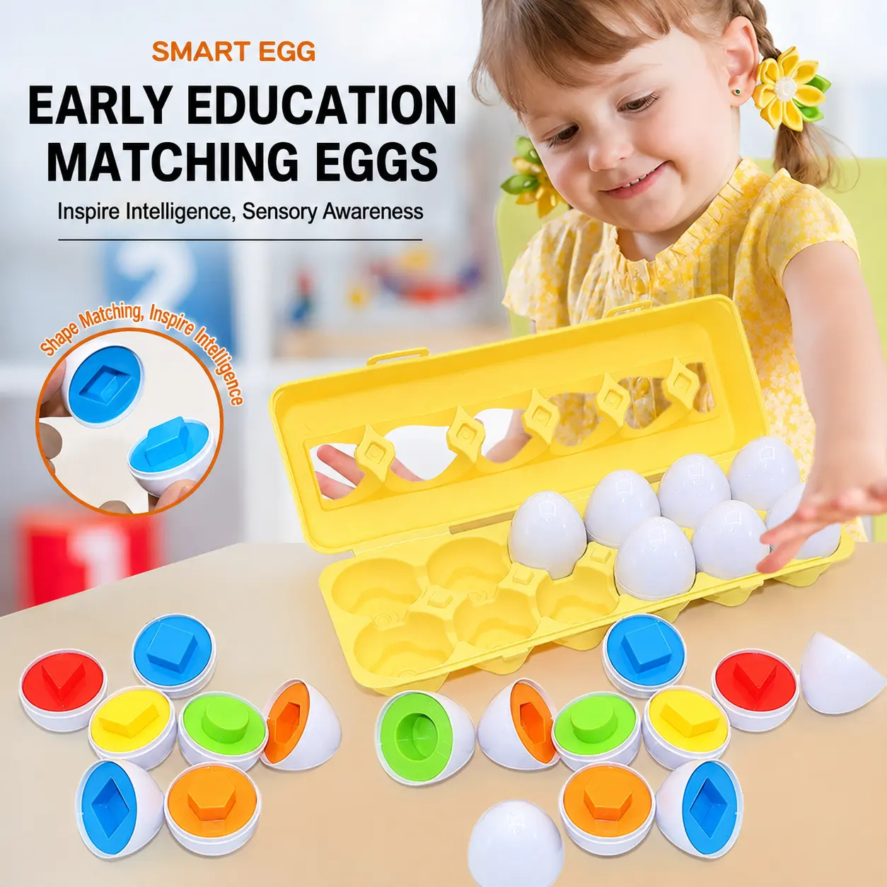 Matching Eggs Toy for Toddlers,Montessori Color & Shape Recognition Sorter Puzzle for Fine Motor Skills, Early Learning Educational Travel Game Gifts for Kids