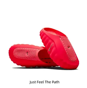 Vibrant Red Thick-Soled Mule Slides, Orange Cushioning Massage Outsole, Perforated Upper, Pre-Game Recovery Tech Slides