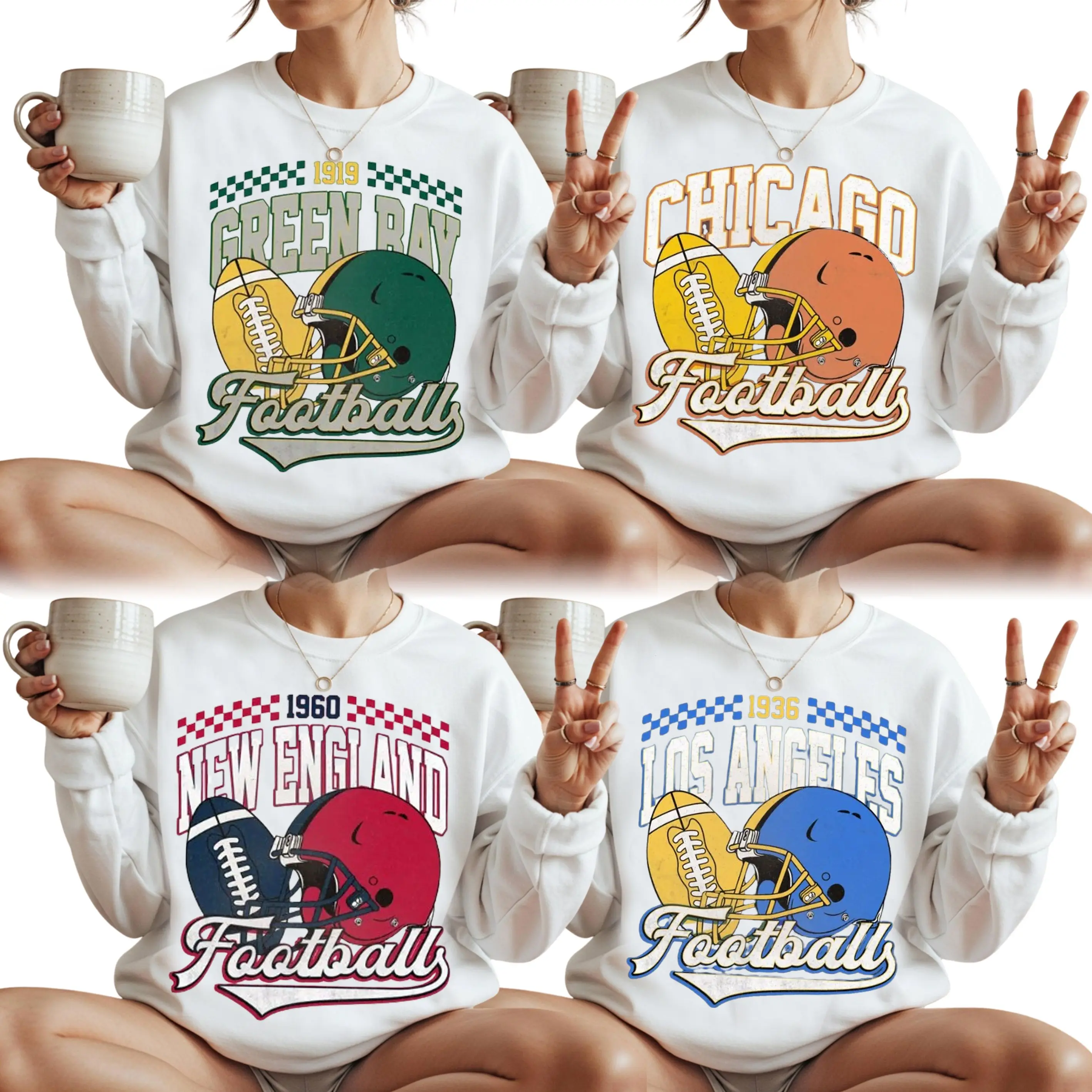 Football All Team City White Sweatshirt, All Team Vintage Style White Sweatshirt, Vintage 90s Graphic Style All Team Sweatshirt