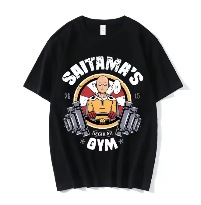 Distressed Retro Circular Logo Saitama Lifting Barbell Print Soft Cotton Short Sleeve, OPM Anime & Gym Lover Cotton Top