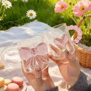 2PC Glass Coffee Cup Set With Handle, Bow & Heart Design Milk Tea Mugs, Transparent Espresso Cups For Hot & Cold Coffee Drinks, Cappuccino & Latte Glassware Set, Clear Glass Cup, Coffee Drinkware