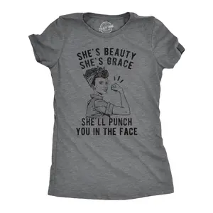 Womens She's Beauty She's Grace She'll Punch You In The Face T Shirt Funny Feminist Tee Funny Womens T Shirts Cute Vintage Fashion Casual Ladies T-Shirt Gift Funny Political Top Women's Novelty Tees Dark Grey