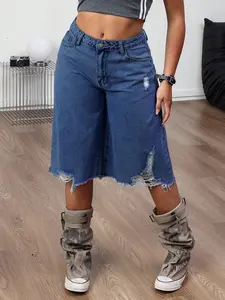 Women's Denim Bermuda Shorts, Retro Decadent Wide Leg Pants, Frayed Vintage Jeans, Street Photography Wear, All Seasons