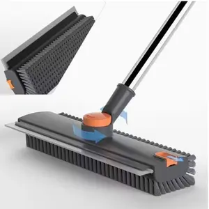 3 in 1 Floor Scrub Brush with Long Handle, Floor Scrub Brush with Stiff Bristles and Squeegee, Kitchen Bathroom Tile Scrubber for Shower, Wall, Patio, Garage and Deck