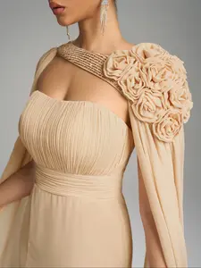 Elegant Sleeveless Halter Neck Fitted Dress, Rose Embroidery, High Slit, Ruched Waist, Sequins Fabric, Chiffon, Perfect Formal Evening Gown, Womenswear
