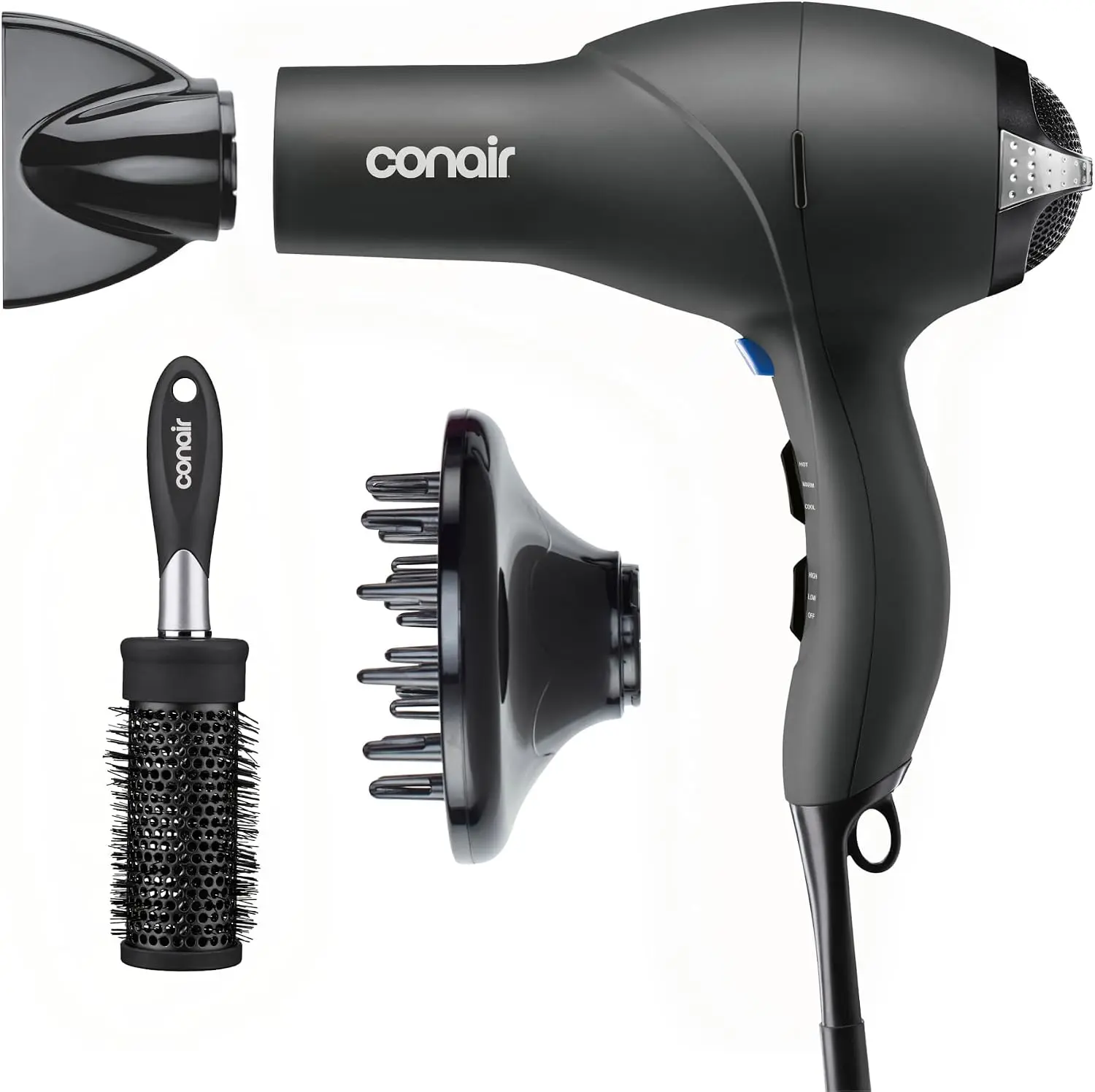 Conair Hair Dryer with Diffuser, Concentrator & Round Brush, Black | 1875W blow dryer for all hair types, includes 2 attachments and a round brush for added volume and defined texture