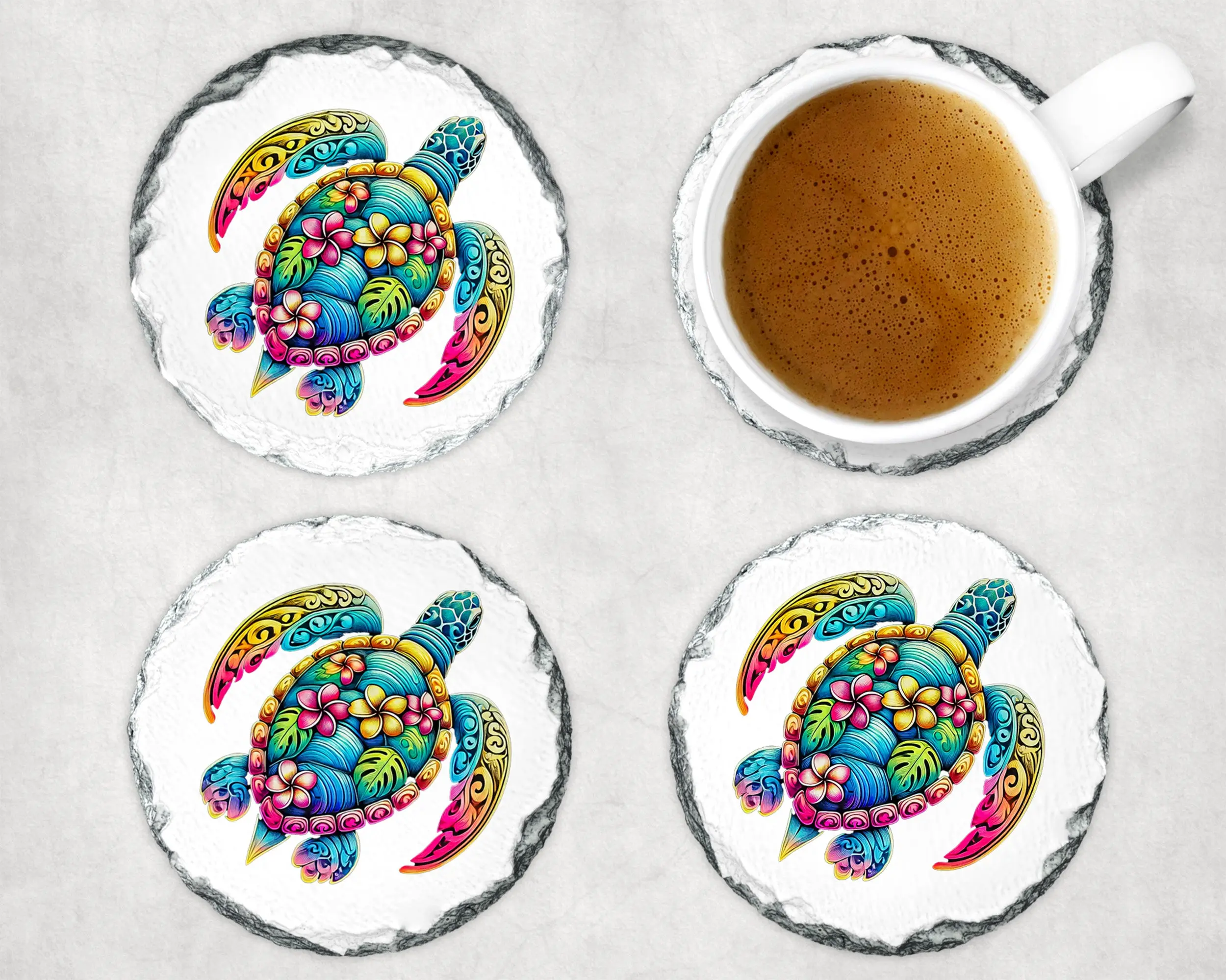 Rainbow Sea Turtle Coaster Set – Playful Multicolor Honu | Slate, Bamboo Wood, Glass, Leather & Sandstone | Set of 4