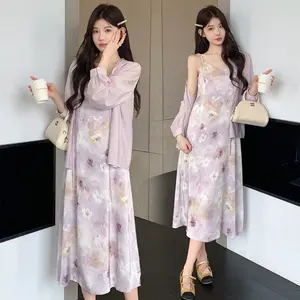Sweet And Gentle Style Purple Printed Slip Dress Shirt And Cardigan Two-Piece Set