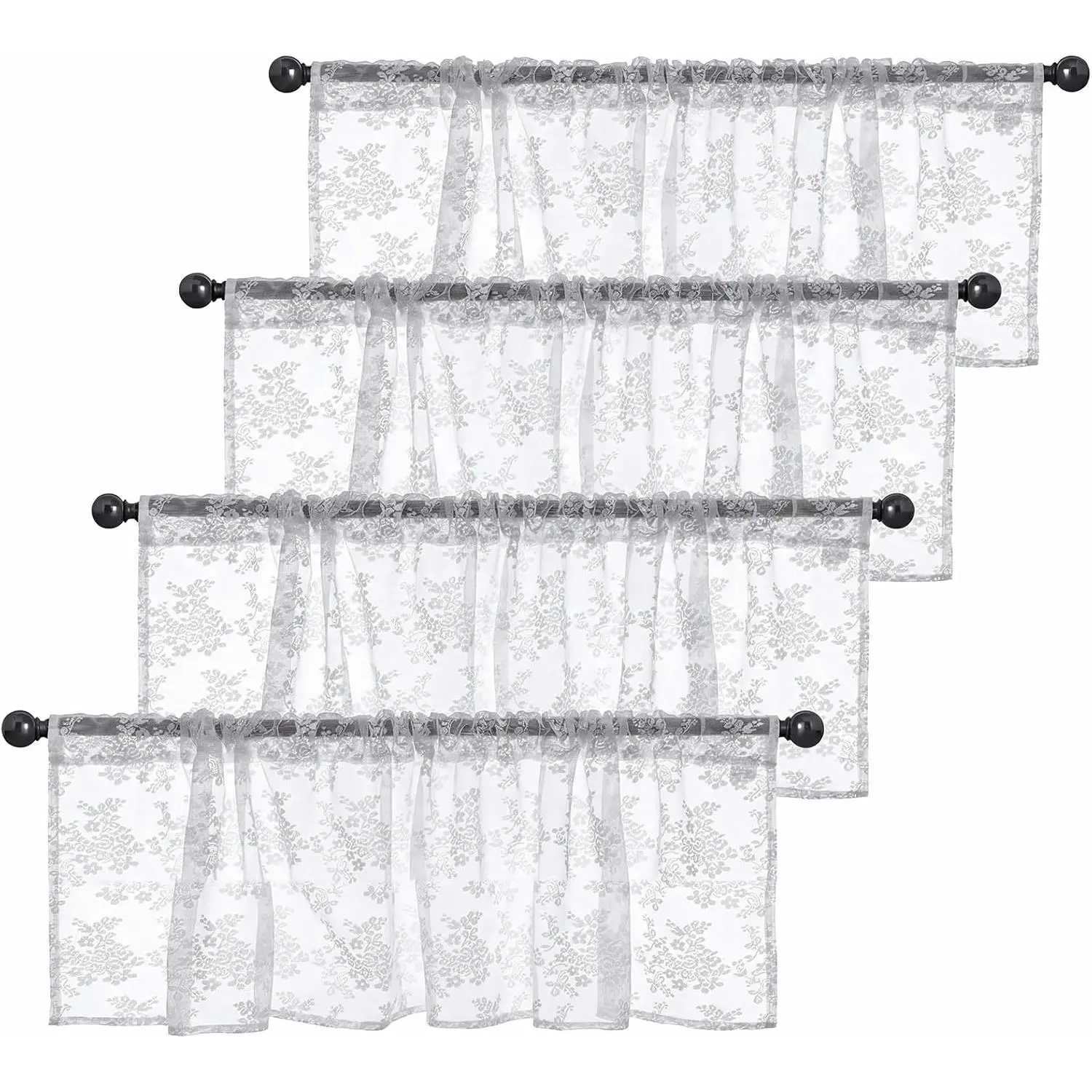 4 Pack Valances for Windows, White Lace Romantic Elegant Light Filtering Semi Sheer Floral Drapes Curtain for Bedroom Living Room Kitchen Over Sink, 52x18 Inch Rod Pocket Valances