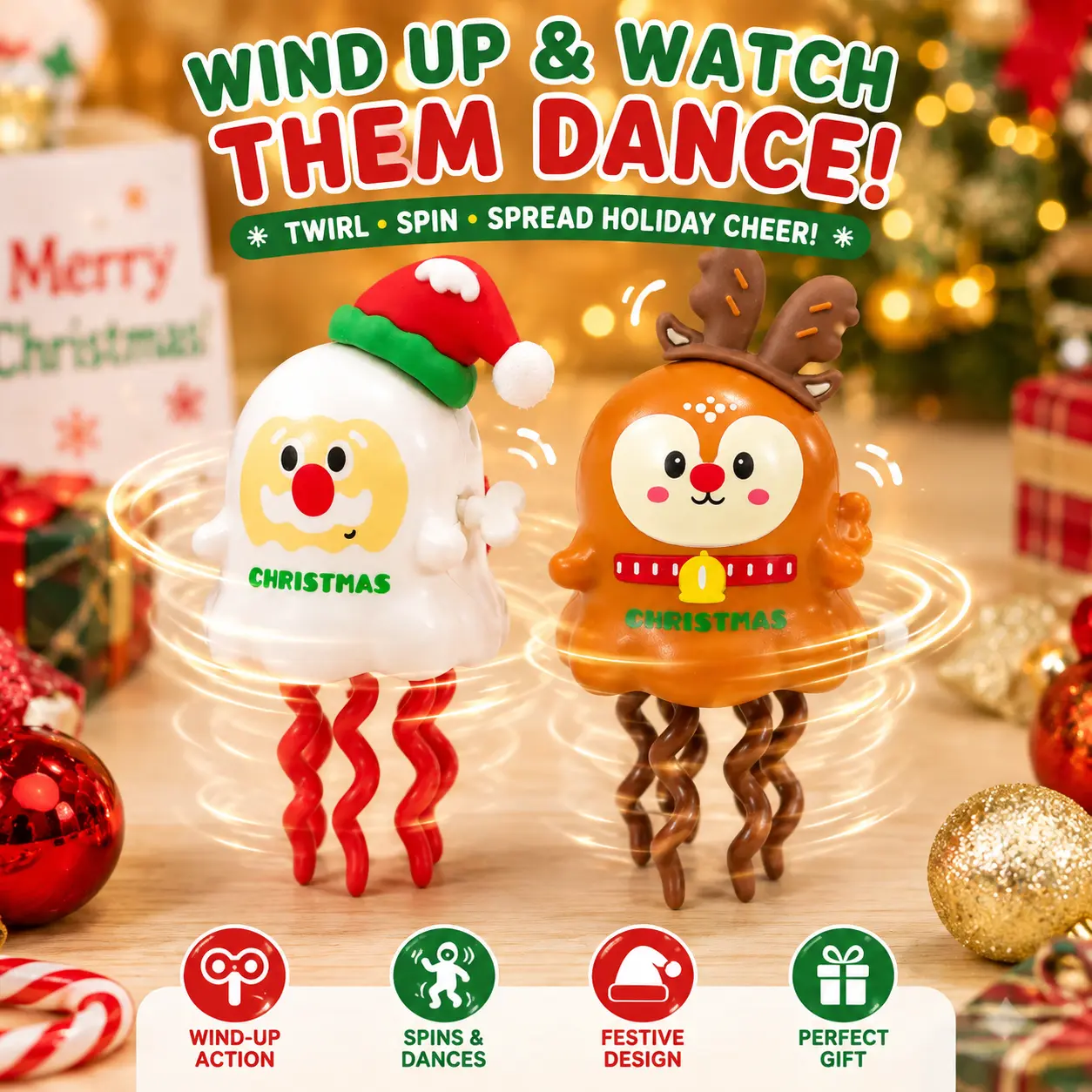 Christmas Wind Up Dancing Toy Set, Snowman & Reindeer Holiday Desk Decoration, Funny Novelty Toy, Cute Christmas Party Favor Gift