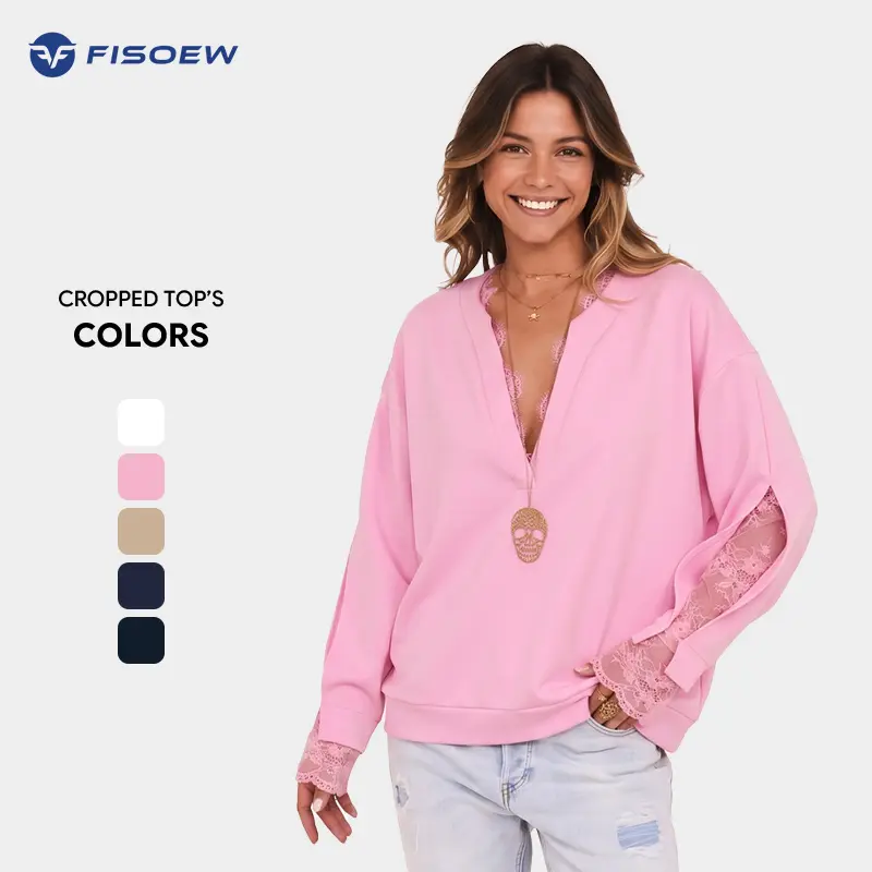 Fisoew Women's Mock-2-Piece Casual Blouse - Clothes for Women, V-Neck, Long Sleeves, Split-Cuff, Lightweight, Light Floral, Fall Elegant Everyday Lace Top T Shirts