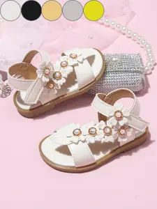 Girls' Summer Flat Sandal Shoes, Casual Floral Design, Lightweight Comfortable, PU Leather Upper, Rubber Sole, All Seasons Wear
