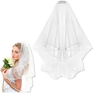 Bridal Veil White Double Ribbon Edge Wedding Veil with Comb for Wedding Bachelorette Party