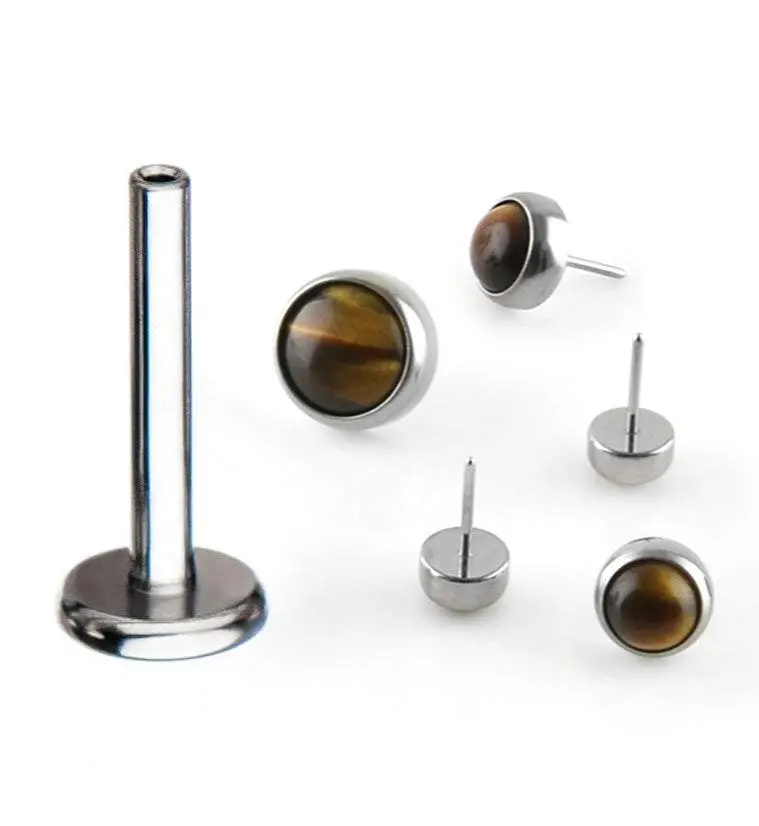 18G Titanium Threadless Labret Piercing Jewelry, 2-Pieces Vertical Labret Jewelry with Tigers Eye Gemstone Top Lip Ring