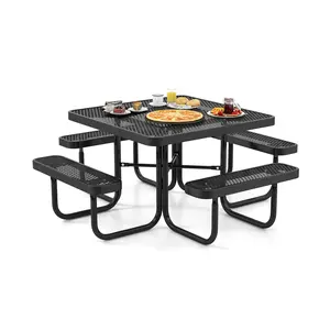 COSTWAY - Square Picnic Table and Bench for 8 Person with Seats and Umbrella Hole-Black