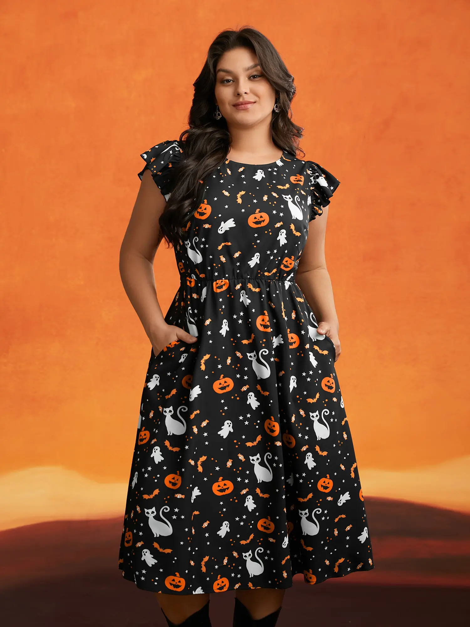 BLOOMCHIC Pumpkin Printed Ruffle Sleeves Midi Dress - Casual Halloween Style Cap Sleeve Round Neck Black Deeppurplered Deepred Brightorange Deeppurple Costumes Party Pocket Womenswear Fit elegant dresses women bodycon dress Summer