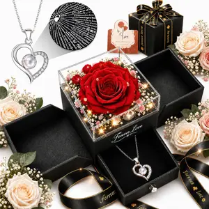 Forever Love Preserved Real Rose with Heart Necklace Mothers Day Gifts for Mom Wife Anniversary Birthday Gifts for Women Projects I Love You in 100 Languages