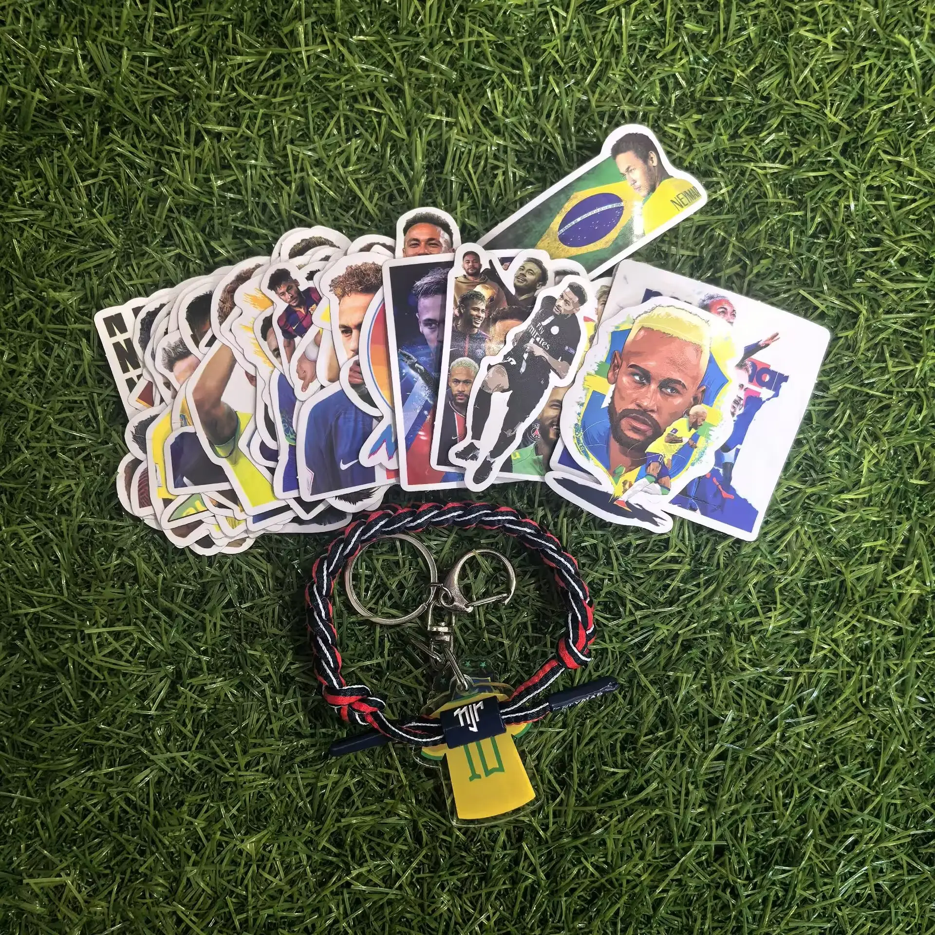 Soccer Star Ney Samba Legend Mini Bundle Fashion Accessories - Football Stars Themed Stickers, Key Chain, Braided Wristband, Sports Fan Gift