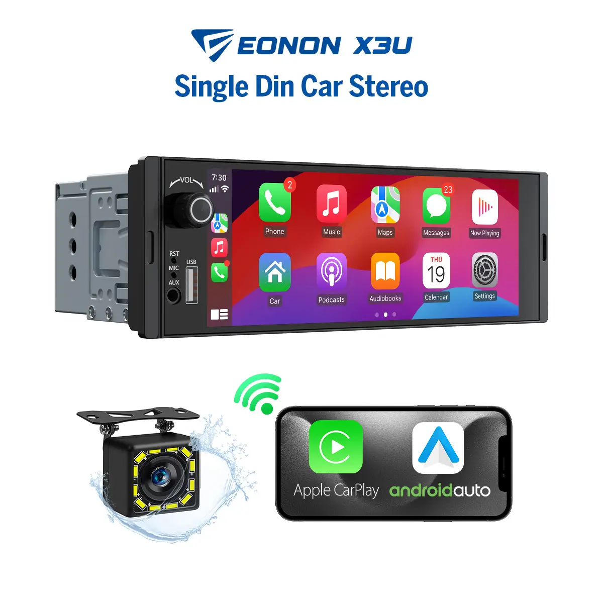 Eonon 6.36" Single DIN Car Stereo, Wireless CarPlay & Android Auto, IPS Touchscreen (1280x480), ST TDA7851 Amp, Backup Camera, Steering Control, Bluetooth 5.3, summerfinds - X3U