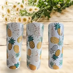 Golden Pineapple Theme 20 Ounce Skinny Tumbler Durable Insulated Drinkware with Metal Straw Straw Cleaner and Clear Plastic Lid for On the Go Hydration -