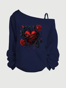 Women's Plus Size Lady T-Shirt, One-Shoulder Long Sleeve, Heart Everyday Casual Top, Medium Stretch Fabric, Comfort Fit, All Seasons