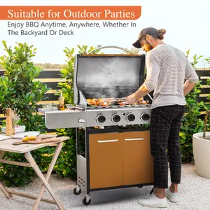 Phi Villa 4-Burner Gas BBQ Grill with Side Burner, Porcelain-Enameled Cast Iron Grates, Stainless Steel Finish, Smokeless Design Food Barbecue