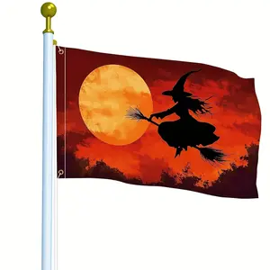 Vintage Witch Riding a Broomstick Banner - Made of durable polyester, this vibrant Halloween-themed design features a full moon and autumn leaf motif, perfect for outdoor decorations, parties, and events. Event Accessories |   Halloween Banners |   Vivid