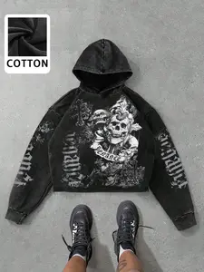 Opium Style Stained Glass Graphic Cropped Hoodie for Men Women Gothic Boxy Fit Sweatshirt with Sleeve Script Print Vintage Black Streetwear Hooded Top for Rave Party Skate Fashion