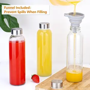 Glass Juice Bottles 18 oz with Lids for Juicing Reusable Clear Glass Water Bottles with Stainless Steel Airtight Cap for Refrigerator 100% Leak Proof Drinking Jar BPA Free Set of 6 Funnel Included Prevent Spills When Filling Cup Drinkware