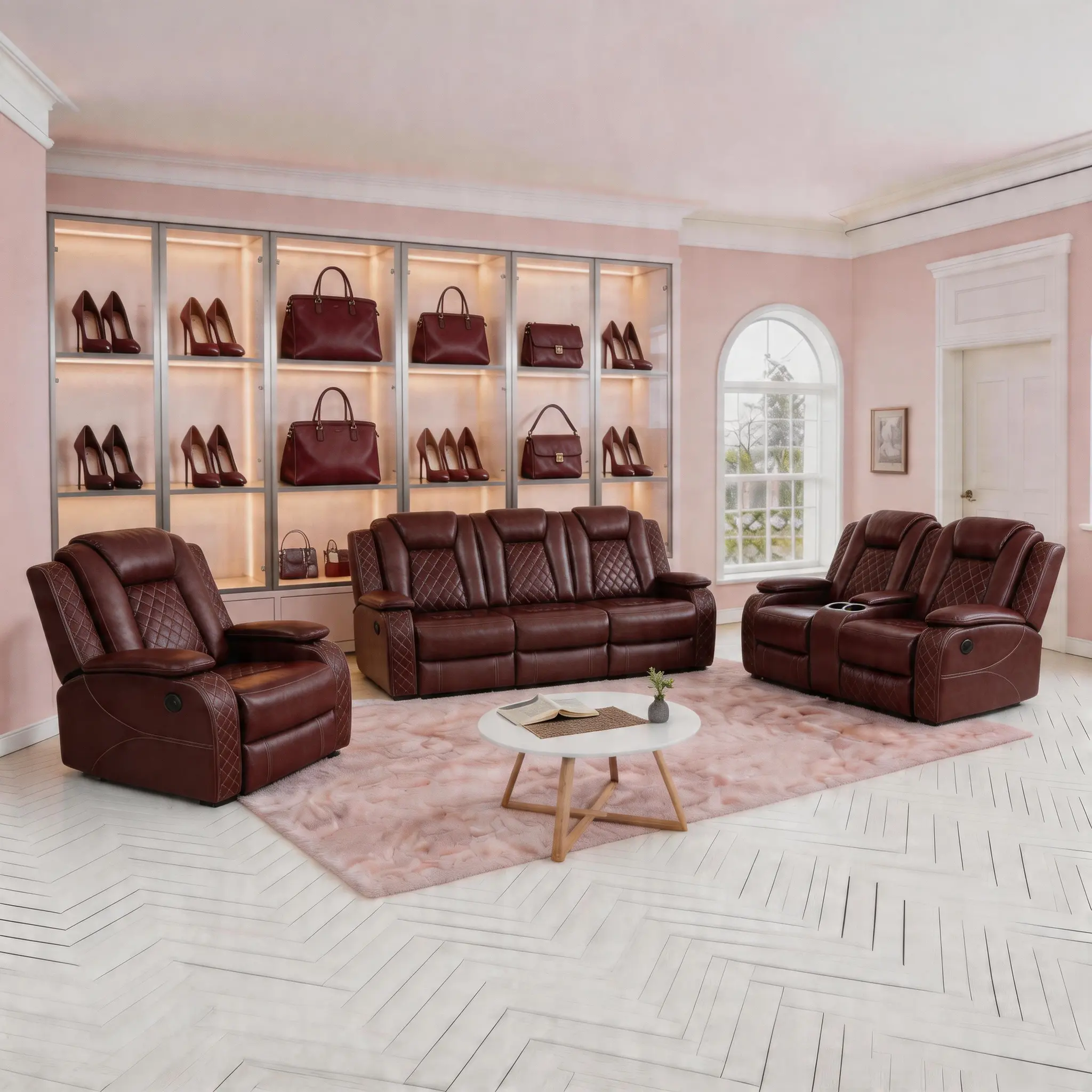 Luxury 3-Piece Brown Breathing Leather Recliner Sofa Set - Comfy Couch, Cozy Reclining Seat, Adjustable Lazy Design, Light-Up Modern Loveseat for Living Room Indoor Furniture, Comfy Sofa Couch, Cozy Reclining Sofa