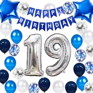 19th Birthday Party Decoration for Boys - Blue Number 19 Birthday Balloons, Latex Confetti for Him - 19 Years Old Decoration Supplies
